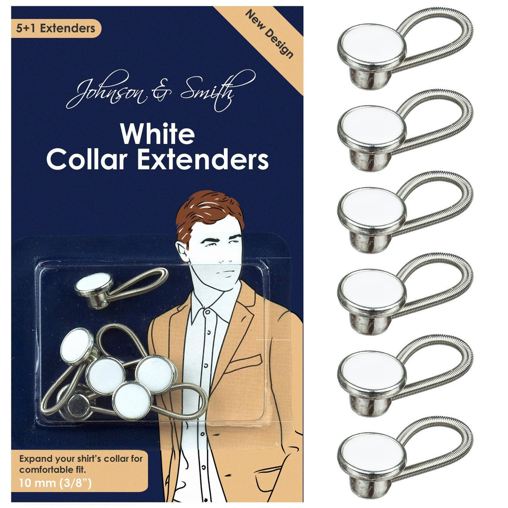 White Metal Collar Extenders by Johnson & Smith – Stretch Neck Extender for  1/2 Size Expansion of Men Dress Shirts, 5 +1 Pack, 3/8